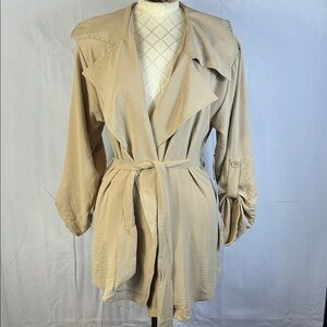 Fair Haven Tan Open Front Trench Coat Gathered Sleeve Size Small